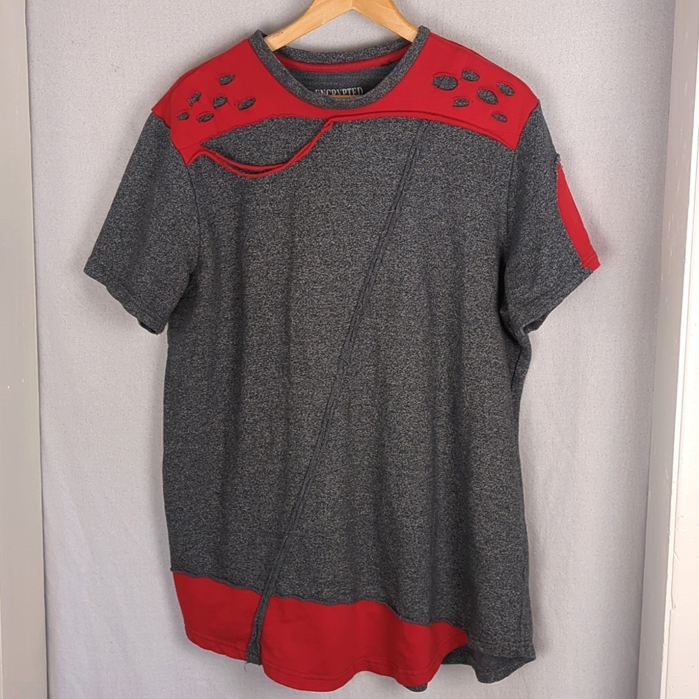 ENCRYPTED Men's Gray Red Oversized Distressed Techwear T-Shirt